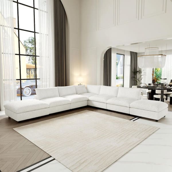 Modern 157 in. Square Arm Soft Faux Rabbit Fur Velvet Modular Cloud Sectional Sofa 7-Seater with Ottomans in Beige