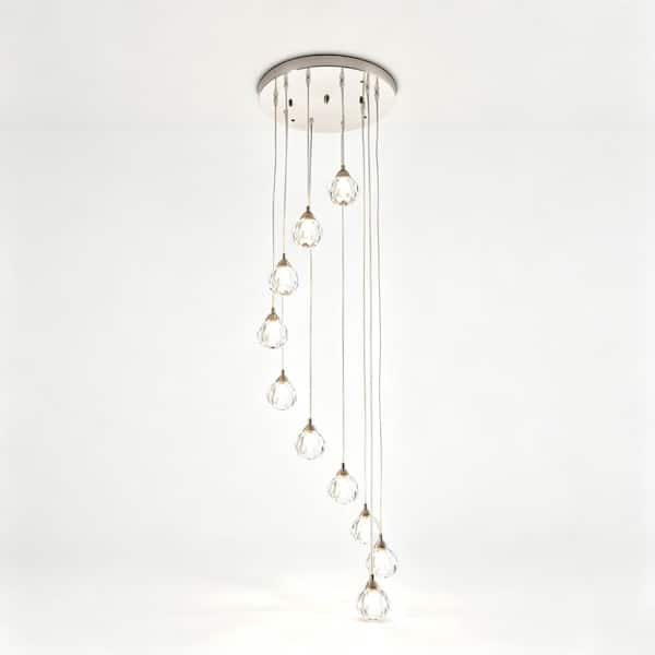 40W 10-Light Nickel Modern Staircase Crystal Chandelier for Villa Entryway High Ceiling