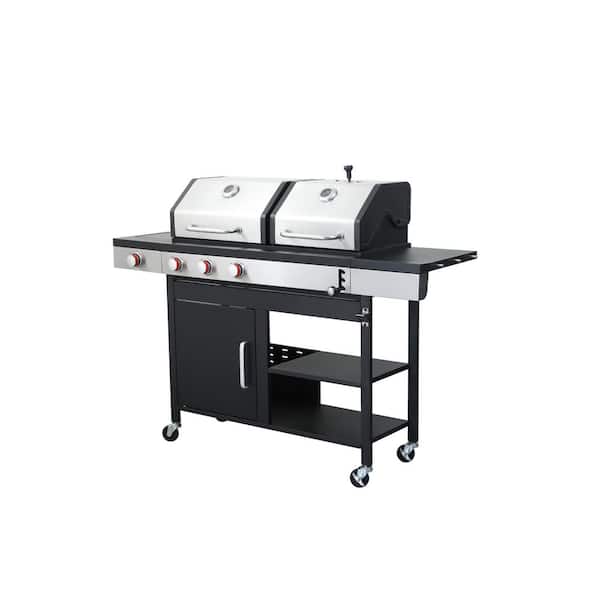 3-Burner Built-In Propane and Charcoal Grill w/ Side Burner Combo in Black and Silver, w/ Thermometer and Condiment Rack