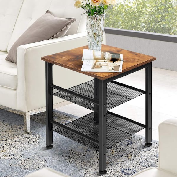 Lusimo Industrial Black & Brown Steel Wood Nightstand End/Side Table with 2-Tier Mesh Shelves 20 in. H x 16 in. W x 16 in. D