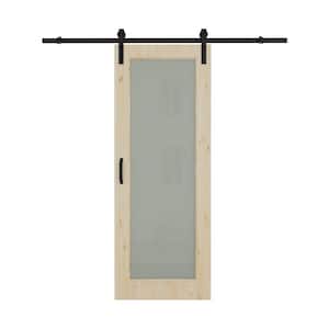 32 in. x 80 in. 1-Lite Tempered Frosted Glass Unfinished Solid Core Pine Wood Sliding Barn Door with Hardware Kit
