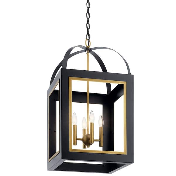 Kichler Vath 4-Light Black W/Natural Brass Industrial Lantern Large Hanging Pendant Light