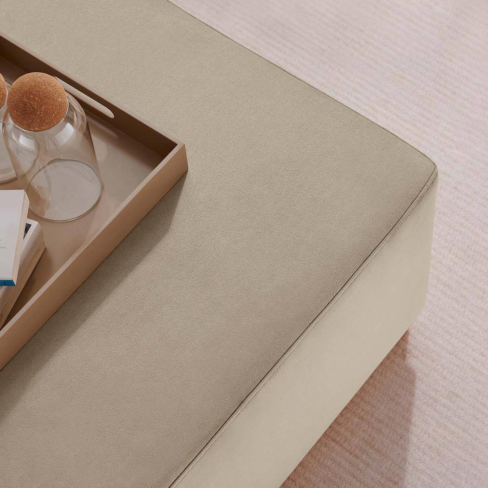 Tilden Taupe Velvet Upholstered Square Ottoman with Rubberwood Base