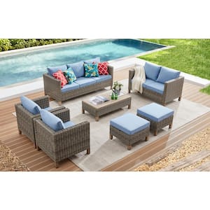 7-Piece Wicker Patio Conversation Set with Blue Cushions