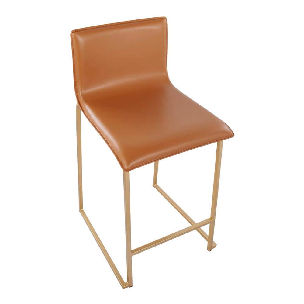 Set of 2 Gold Metal and Camel Faux Leather Counter Stools