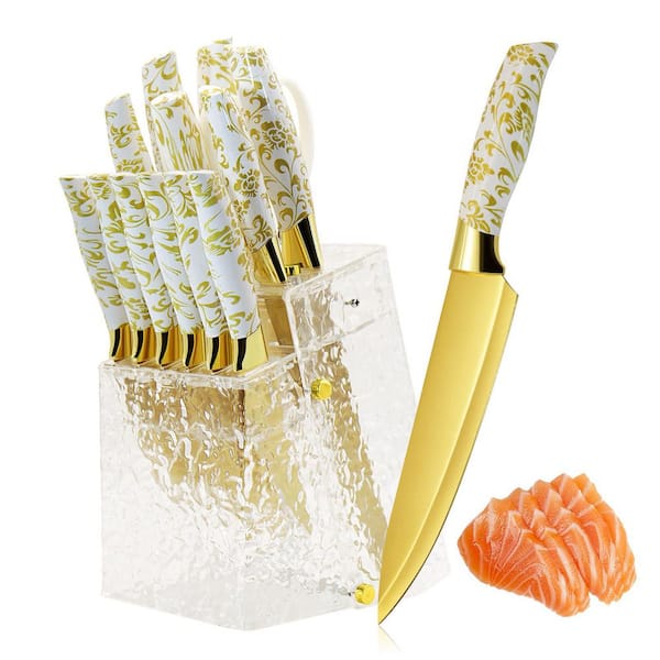 14-Piece High Carbon Stainless Steel Kitchen Knife Set, Golden Pattern, with Acrylic Block and Kitchen Shears