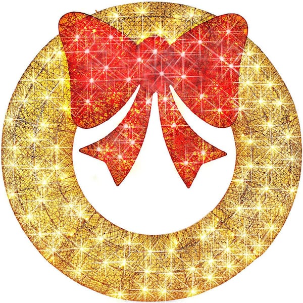 36 in. Pre-Lit LED Metal Outdoor Artificial Christmas Wreath with 120 Lights and Gold/Red Bow