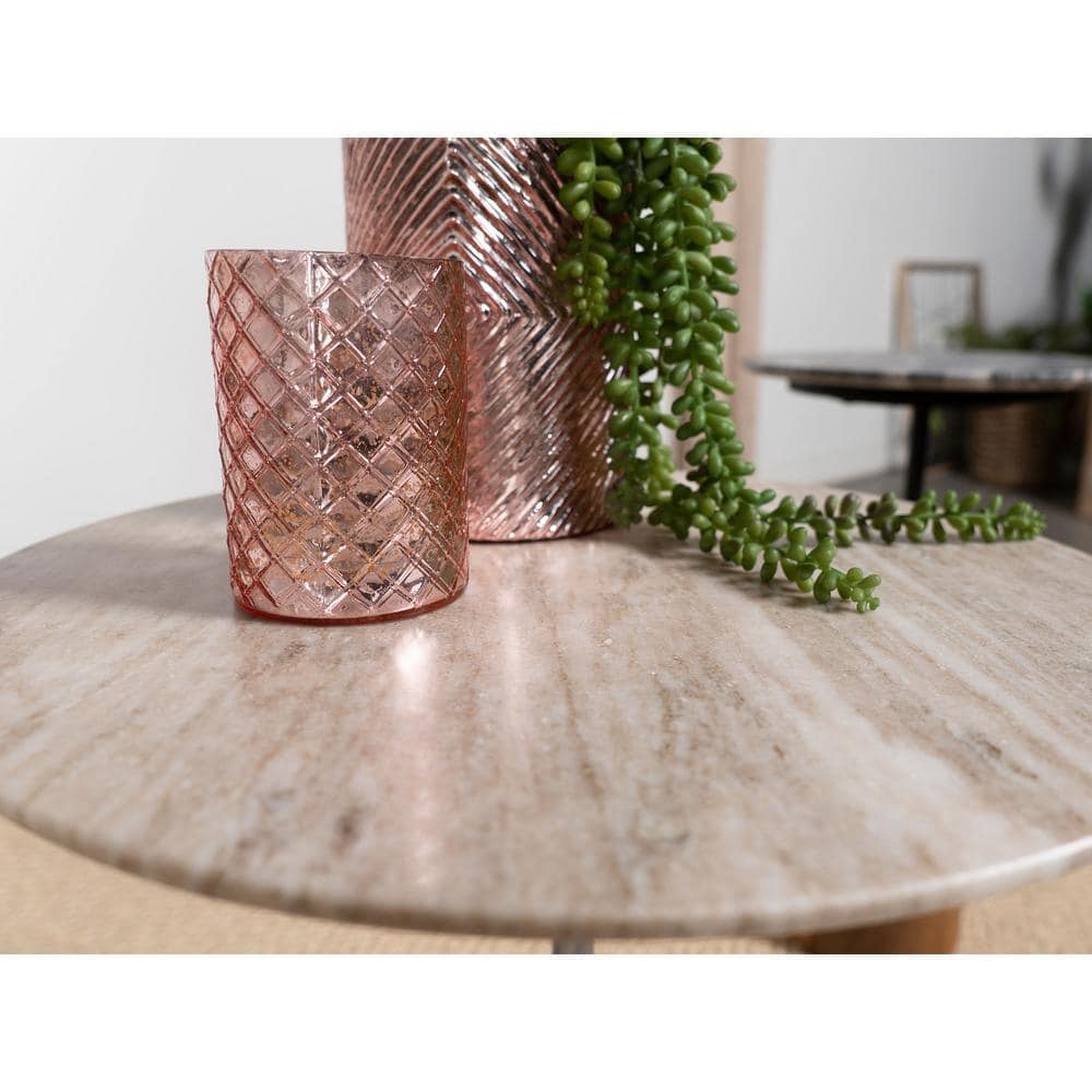 Round Brown and Silver Wood Metal Side Table