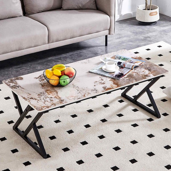 Modern 47 in. White/Black Rectangle Stone Coffee Table