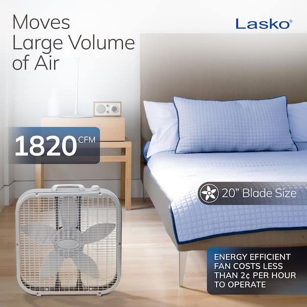 Lasko - 20 in. 3 Speed Air Circulating Box Fan for Home in White with Save Smart Technology, 1820 CFM and Carry Handle