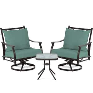 3-Piece Metal Swivel Outdoor Chairs Patio Conversation Set with Peacock Blue Cushions and Toughened Glass Table