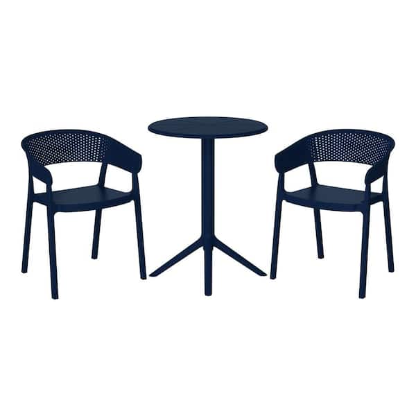 Frond and Form Outdoor Patio Modern HDPE Plastic 3-Piece Indoor/Outdoor Bistro Set with Stackable Chairs, Navy Blue