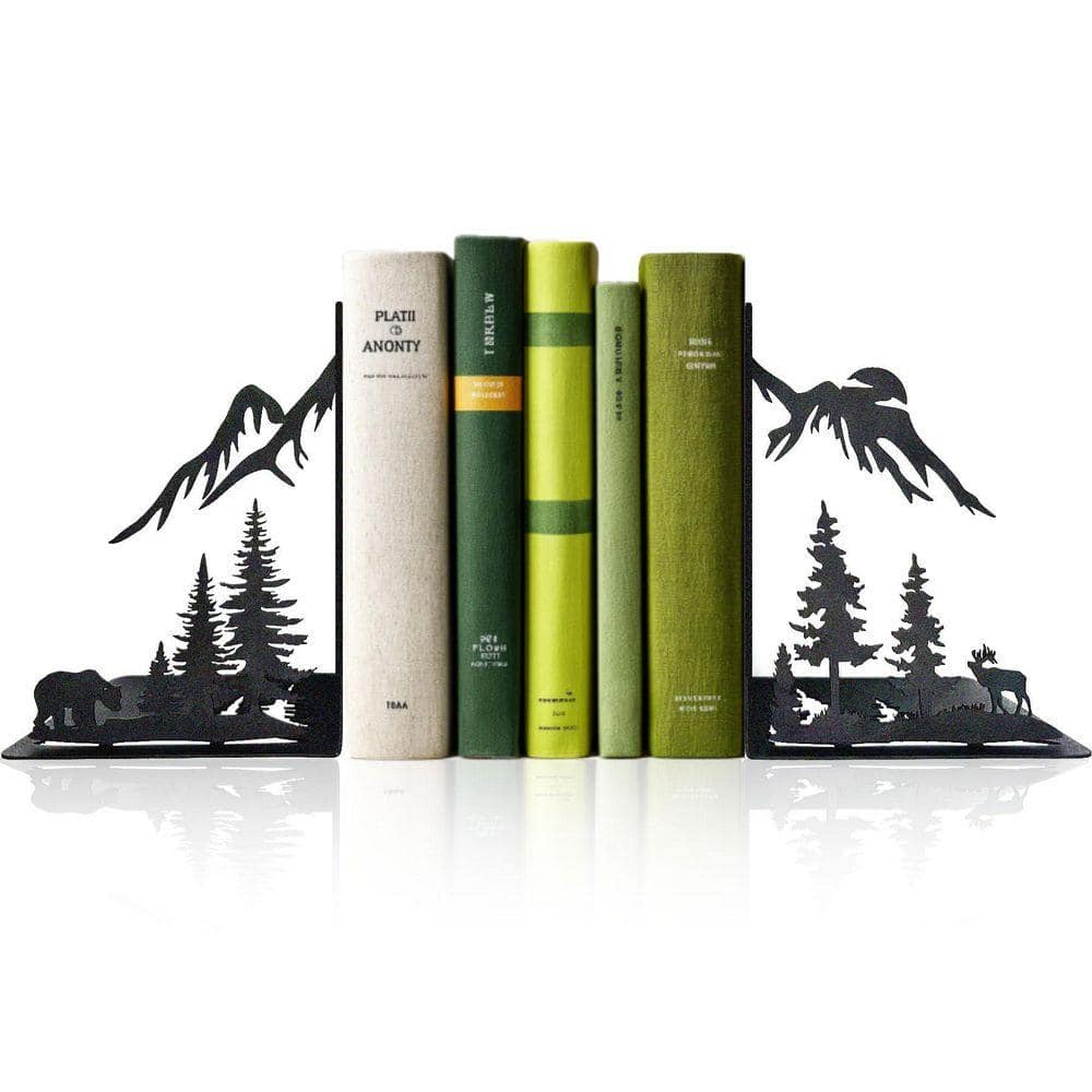Mountain Forest Laser Cut Bookends-Heavy Duty Black Metal Design