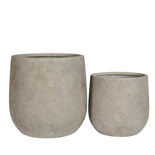 Set of 2 Handmade Round Concrete Planters, Large Indoor Outdoor Decorative Flower Pots with Drainage Holes, 13" & 17"