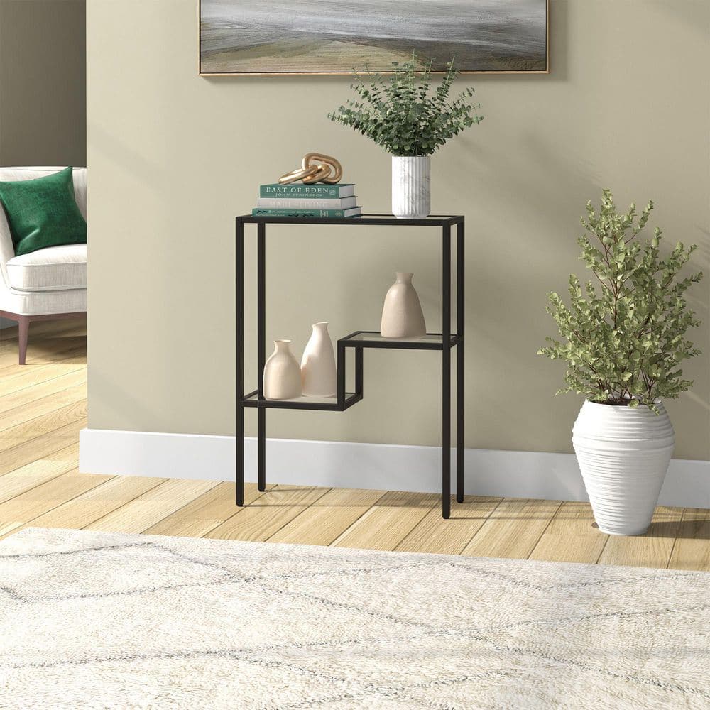 Modern Handcrafted Blackened Bronze Console Table with Tempered Glass Shelves