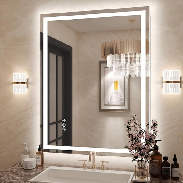 28 in. W x 36 in. H Rectangular Frameless Front & Back Lighted Anti-Fog Wall Bathroom Vanity Mirror, Tempered Glass, ETL