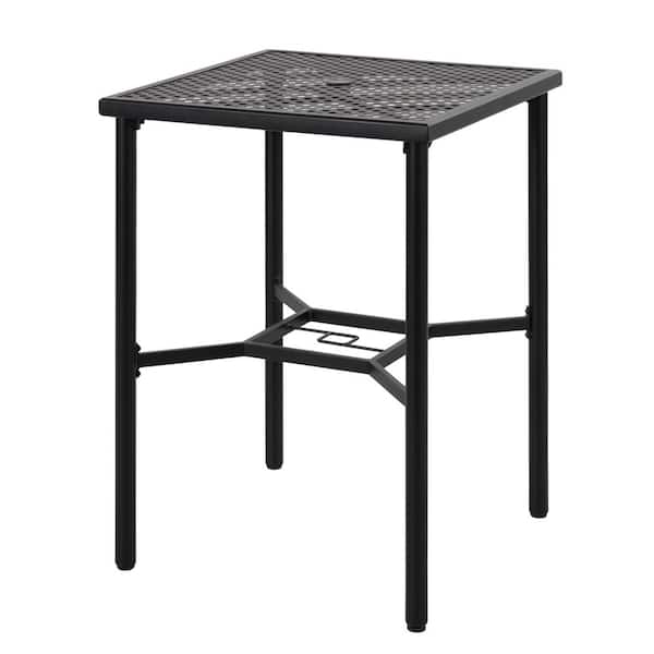 Black Square Metal Bar Height Outdoor Dining Table with 1.57 in. Umbrella Hole and 28 in. Mesh Tabletop
