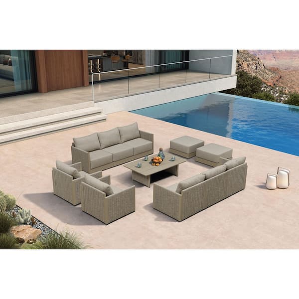 11 Pieces Patio Conversation Sets with Coffee Table All Weather Outdoor Couch Sectional Set with Cushion Beige