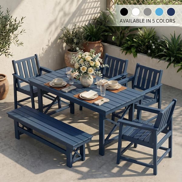 Navy Blue 6-Piece HDPE Plastic Patio Outdoor Dining Set with 1-Bench, 4-Arm Chairs and Rectangular Table