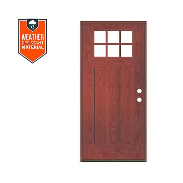 PINNACLE Craftsman 36 in. x 79 in. 6-Lite Left-Hand/Inswing Clear Glass Redwood Stain Fiberglass Prehung Front Door