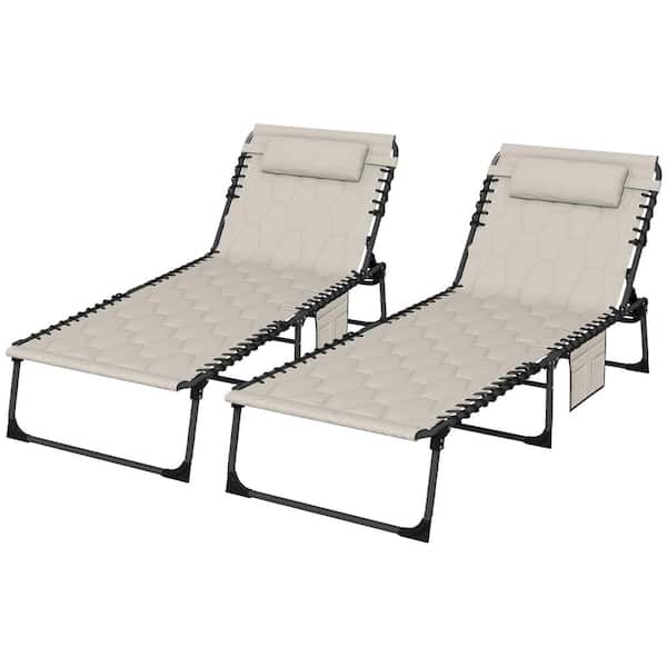 Unbranded Khaki Metal Folding Outdoor Chaise Lounge with 5-level Reclining Back, Side Pocket and Headrest for Yard, Patio Set of 2
