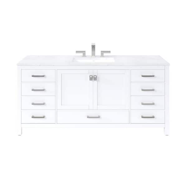 Aberdeen 72 in. Single Sink White Bath Vanity with White Carrara Quartz Top (Assembled)