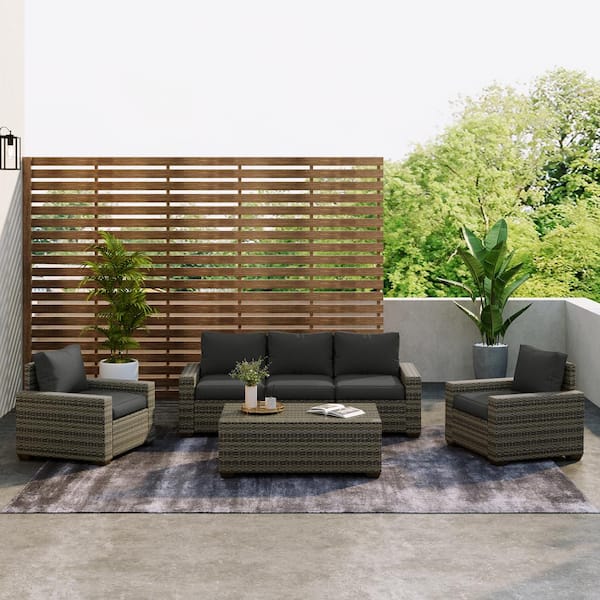 Uixe 6-Piece Rattan 5-Seat Wicker Outdoor Sectional Seating Group with Darkgray Cushions and Glass Table,Patio Furniture Sets