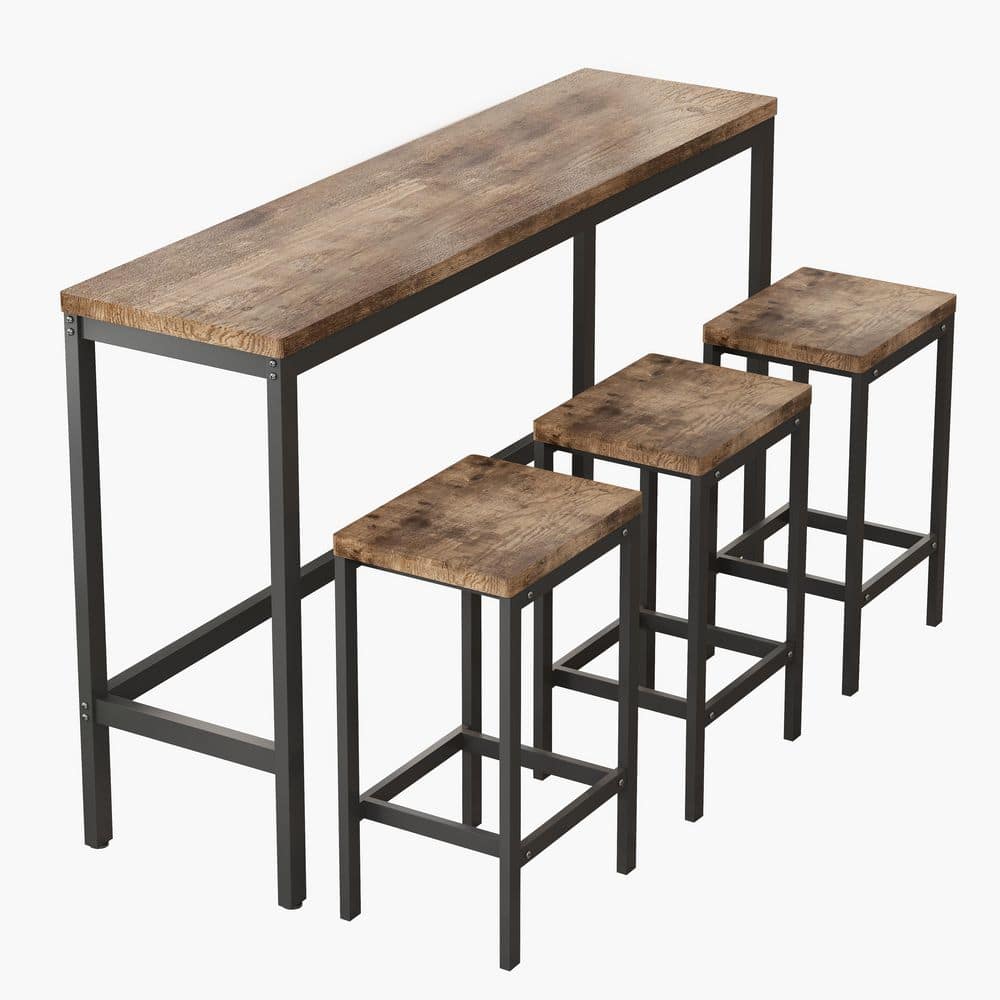 4-Piece Natural Long Wood Top Dining Table Set with 3 Stools