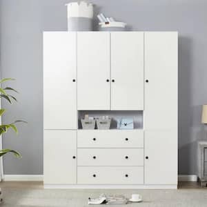 White Wooden 74 in. H x 63 in.W x 20.5 in.D Bedroom Armoire Closet 6-Doors with 3-Drawers