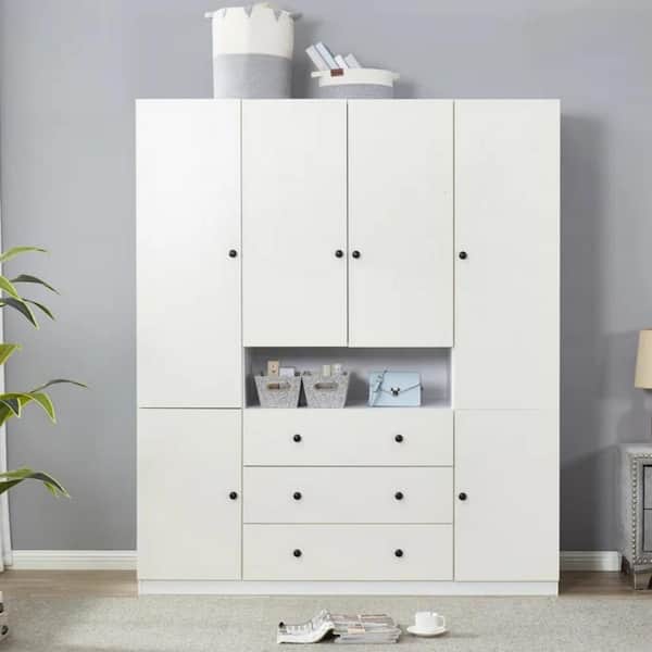 stufurhome White Wooden 74 in. H x 63 in.W x 20.5 in.D Bedroom Armoire Closet 6-Doors with 3-Drawers