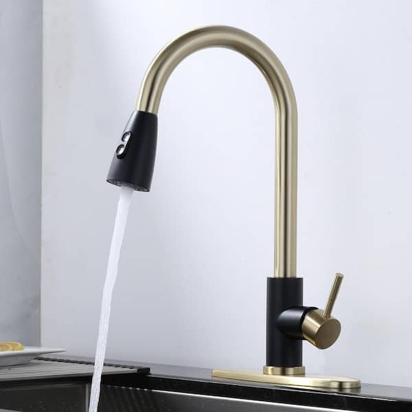 Stainless Steel Single Handle Pull Down Sprayer Kitchen Faucet with 2-Mode Advanced Spray, Deckplate in Black and Gold