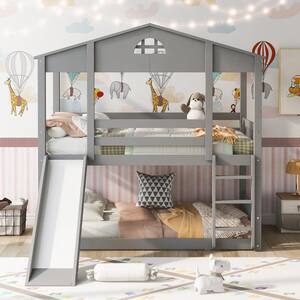 Gray Detachable Twin House Bunk Bed with Slide and Ladder, Wood Floor 2 Kids Bunk Bed Frame with Safety Rail
