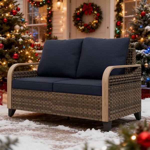 Brown Wicker Outdoor Patio Loveseat with Blue Cushions