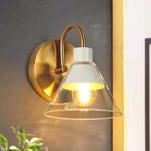 1-Light Flat White and Electroplated Copper Wall Sconce with Clear Glass Shade