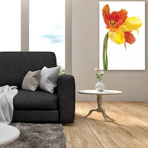 32 in. x 48 in. "Orange Yellow Parrot Tulip on White" Frameless Free Floating Tempered Glass Panel Graphic Art