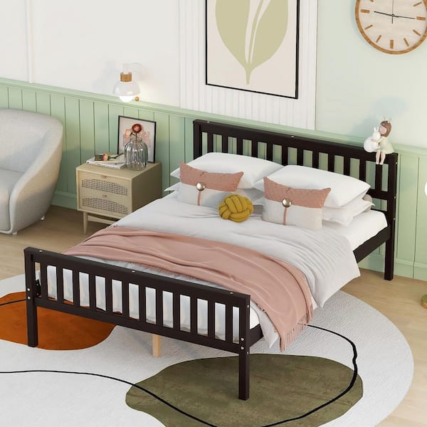 GODEER Brown Wood Frame Full Size Platform Bed with Headboard