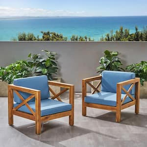 Brava Teak Brown Removable Cushions Wood Outdoor Lounge Chair with Blue Cushion (2-Pack)