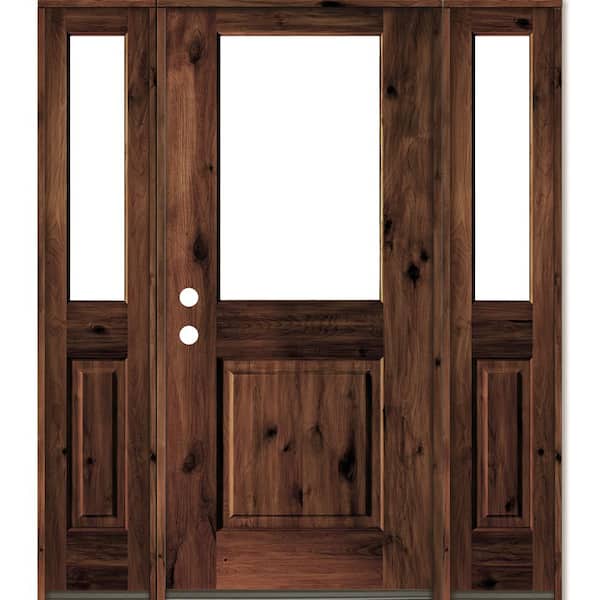 Krosswood Doors 60 in. x 80 in. Rustic Alder Wood Clear Half-Lite Red Mahogony Stain Right Hand Single Prehung Front Door/Sidelites