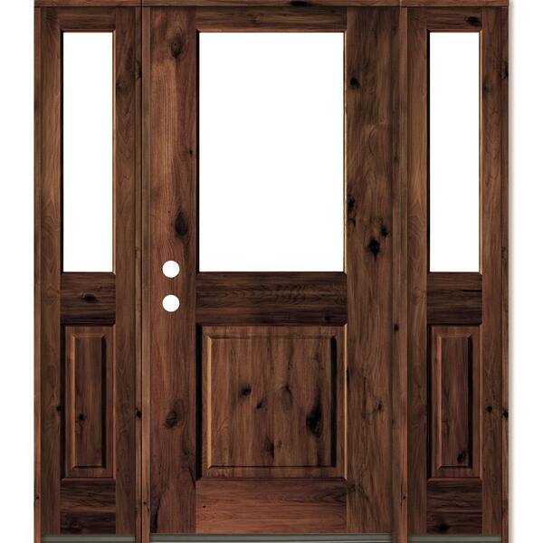 Krosswood Doors 64 in. x 80 in. Rustic Alder Wood Clear Half-Lite Red Mahogony Stain Right Hand Single Prehung Front Door/Sidelites