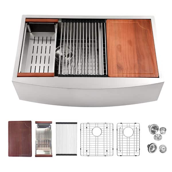 33 in. Farmhouse Double Bowl Workstation Sink 18 Gauge Brushed Stainless Steel Kitchen Sink with Accessories