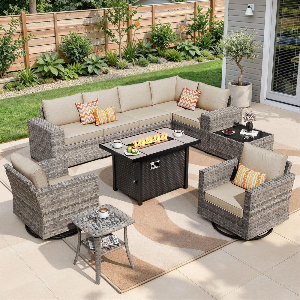 Ruby 10-Piece Wicker Outdoor Patio Fire Pit Conversation Sectional Set with Swivel Chairs and Beige Cushions price history on PriceWatchPro