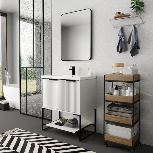 Aoibox 30 in. W x 18 in. D x 35 in. H Freestanding Bathroom Vanity in White with Resin Top in with White Sink