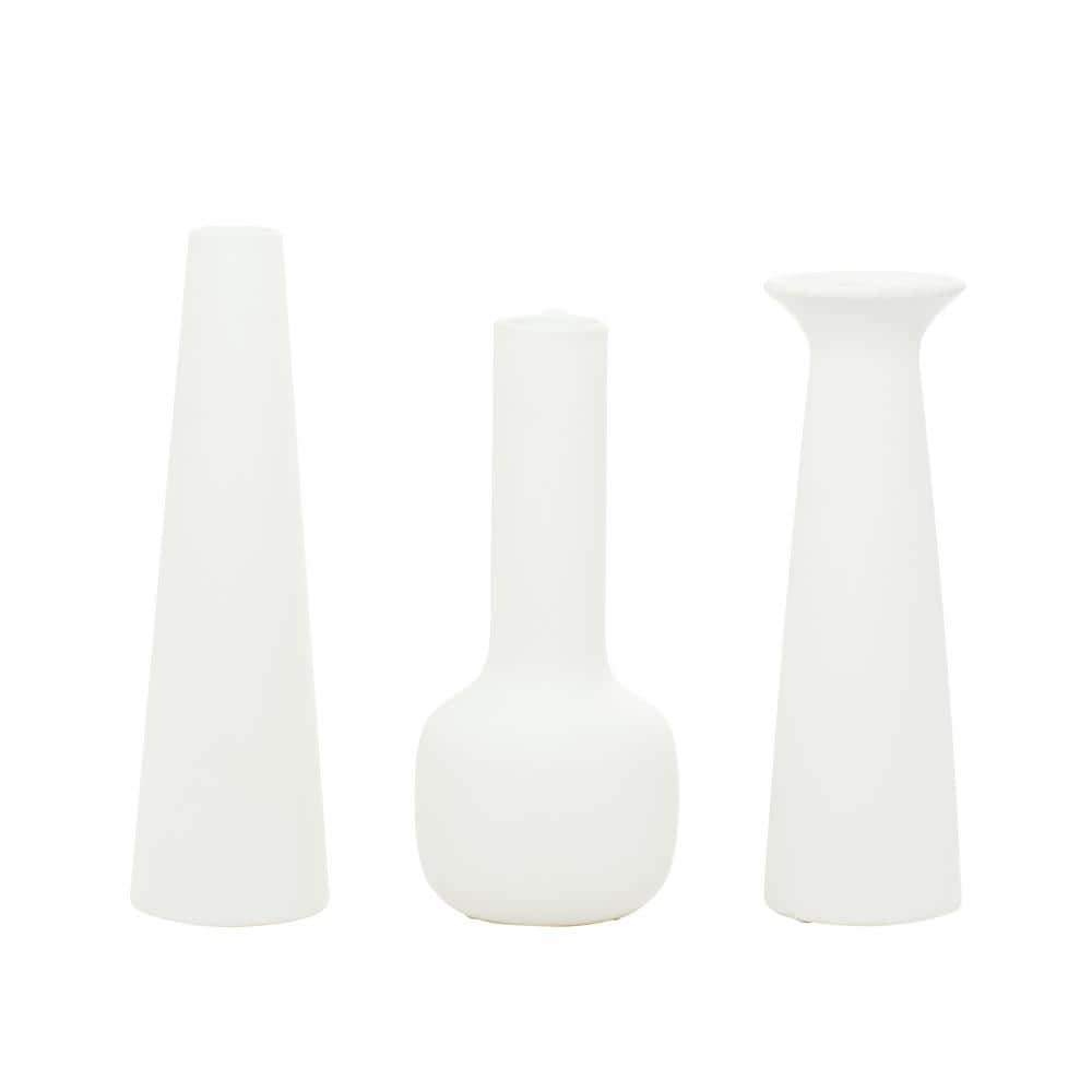 Elegant White Ceramic Vase Trio with Geometric Handles