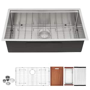 30x18 Inch Undermount 16 Gauge Stainless Steel Single Bowl Workstation Kitchen Sink with Cutting Board and Strainer