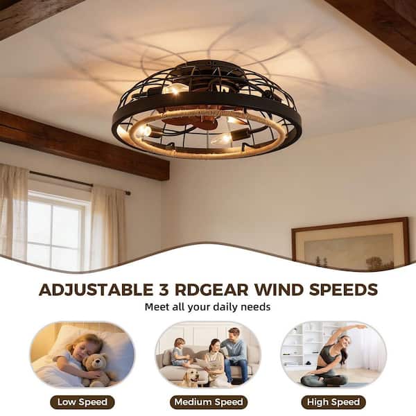 JUSHENG 19.7 in. 4-Light Black Caged Flush Mount Ceiling Fan with