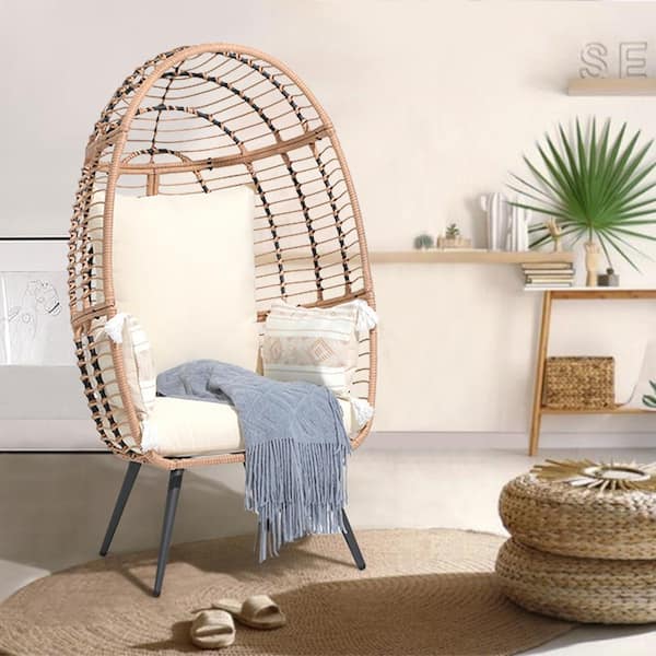 Outdoor 1-Person Wicker Rattan Egg Swing Chair without Stand, Porch Swing Foldable Hammock Chair for Bedroom, Beige