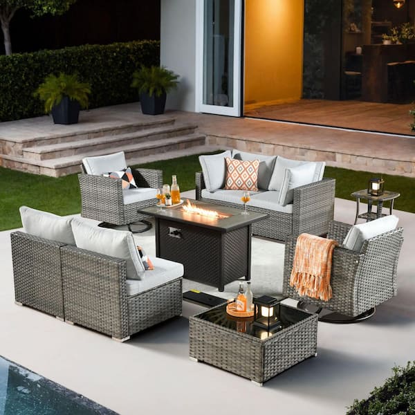 XIZZI Echo 9-Piece Wicker Patio Rectangular Fire Pit Set with Light Gray Cushions and Swivel Rocking Chairs