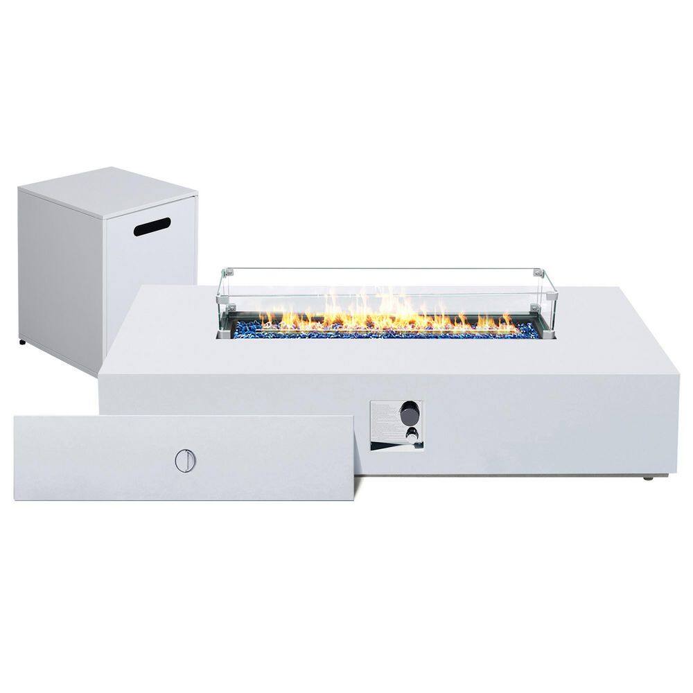 50,000 BTU 56 in. Rectangular Iron Propane Fire Pit Table with Tank Cover and Glass Wind Guard in White price history on PriceWatchPro