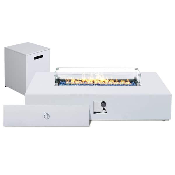 50,000 BTU 56 in. Rectangular Iron Propane Fire Pit Table with Tank Cover and Glass Wind Guard in White