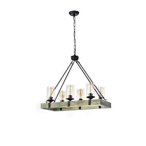 Elk 6-Light Matte Black and Vintage Wood Farmhouse Linear Chandelier with Clear Glass Shades